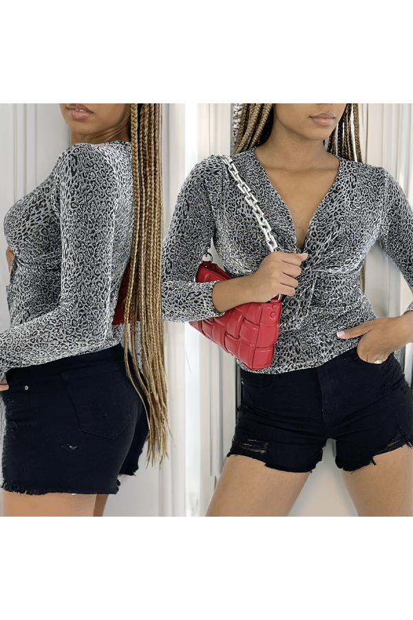 Lot de 6 Hauts scintillant avec imprimés léopard argenté à manches longues, col v - 1