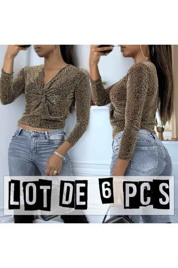 Lot de 6 Hauts scintillant avec imprimés léopard doré à manches longues, col v - 1