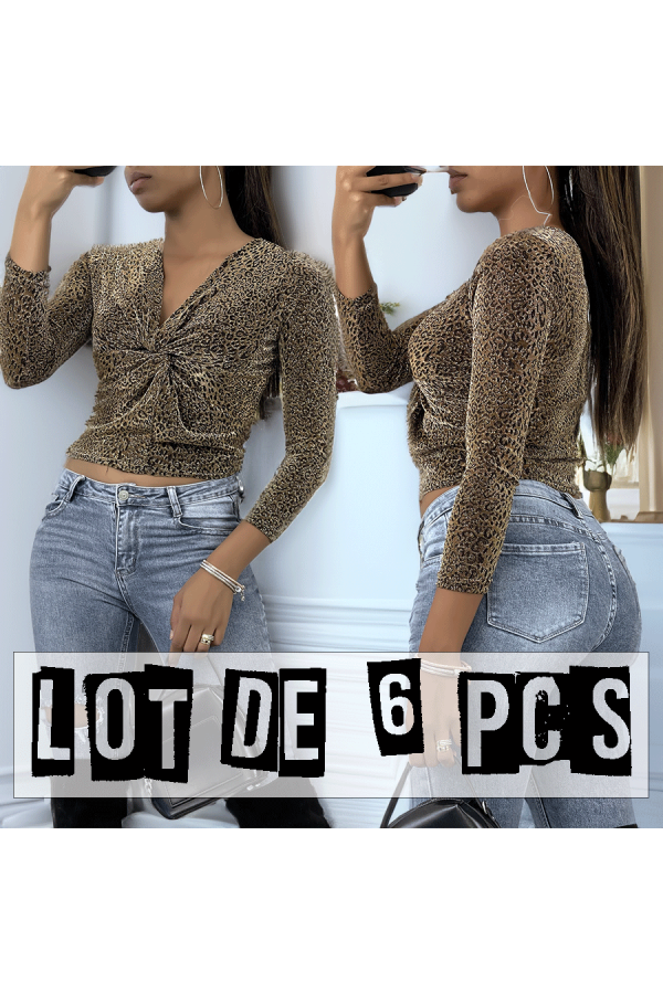 Lot de 6 Hauts scintillant avec imprimés léopard doré à manches longues, col v - 1