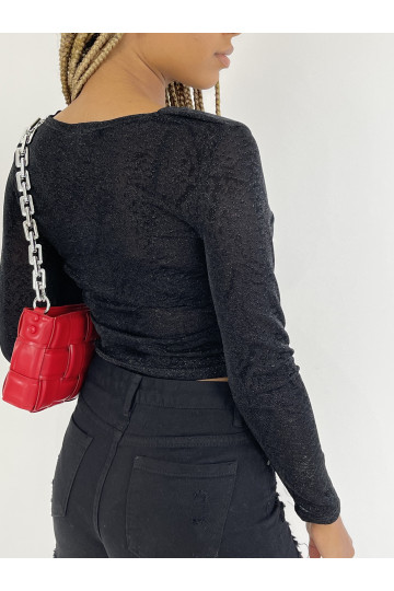 Haut scintillant avec imprimés léopard noir à manches longues, col v - 2