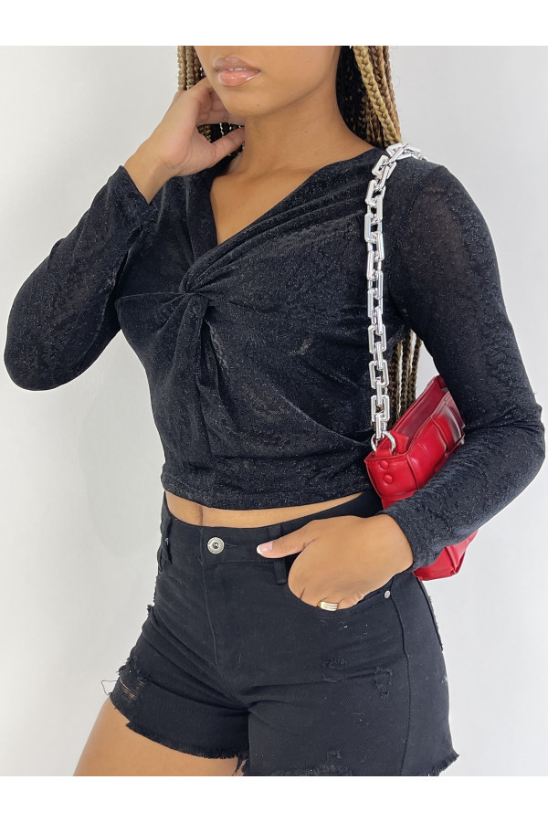 Haut scintillant avec imprimés léopard noir à manches longues, col v - 4