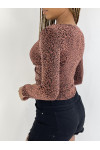 Haut scintillant avec imprimés léopard rouge à manches longues, col v - 3
