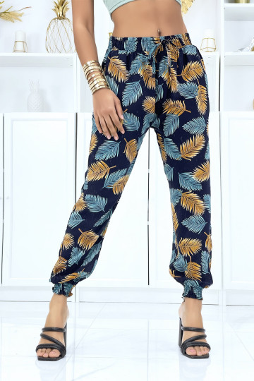 Pantalon feuillage marine fluide élastique à la taille et aux chevilles - 1