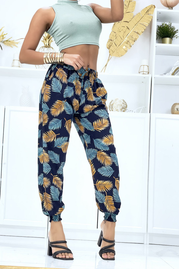 Pantalon feuillage marine fluide élastique à la taille et aux chevilles - 2