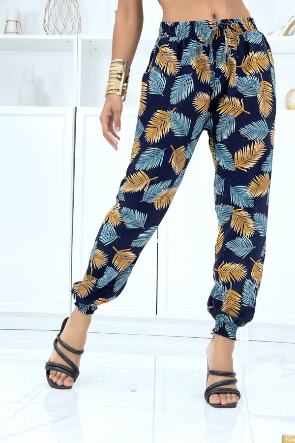 Pantalon feuillage marine fluide élastique à la taille et aux chevilles - 3
