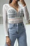Body blanc col V en dentelle avec ouverture au dos - 1