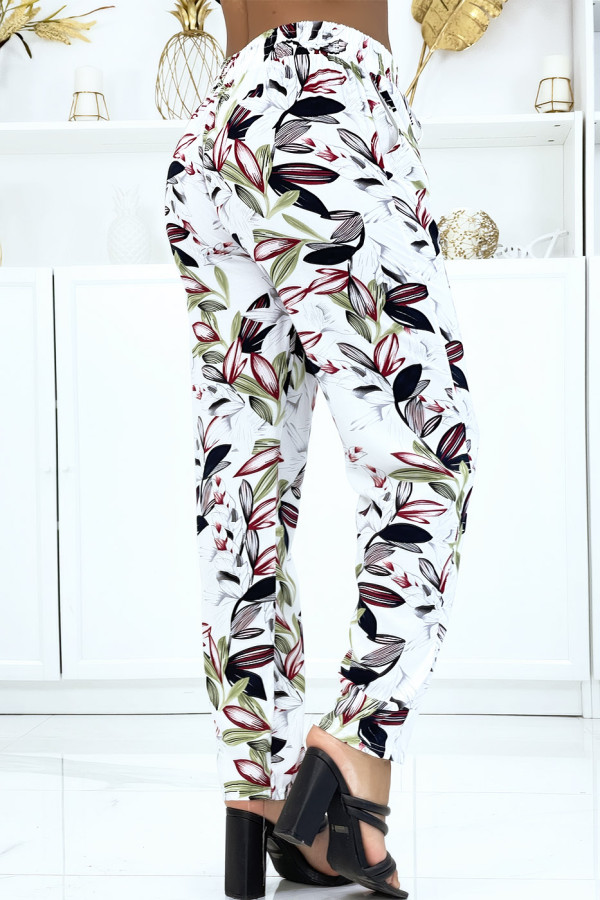 Pantalon blanc à feuillage, fluide élastique à la taille - 3