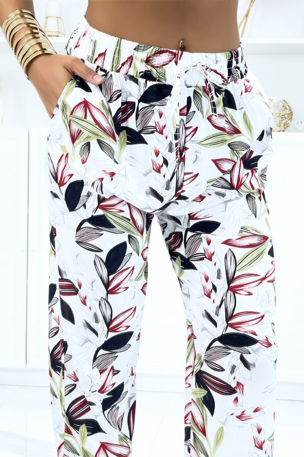 Pantalon blanc à feuillage, fluide élastique à la taille - 4