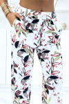 Pantalon blanc à feuillage, fluide élastique à la taille - 4