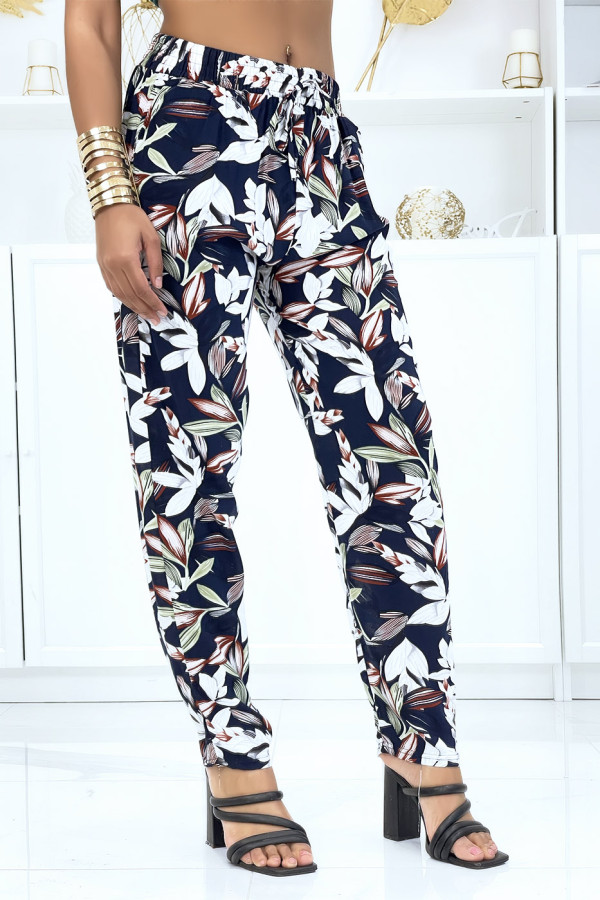 Pantalon marine à feuillage, fluide élastique à la taille - 2