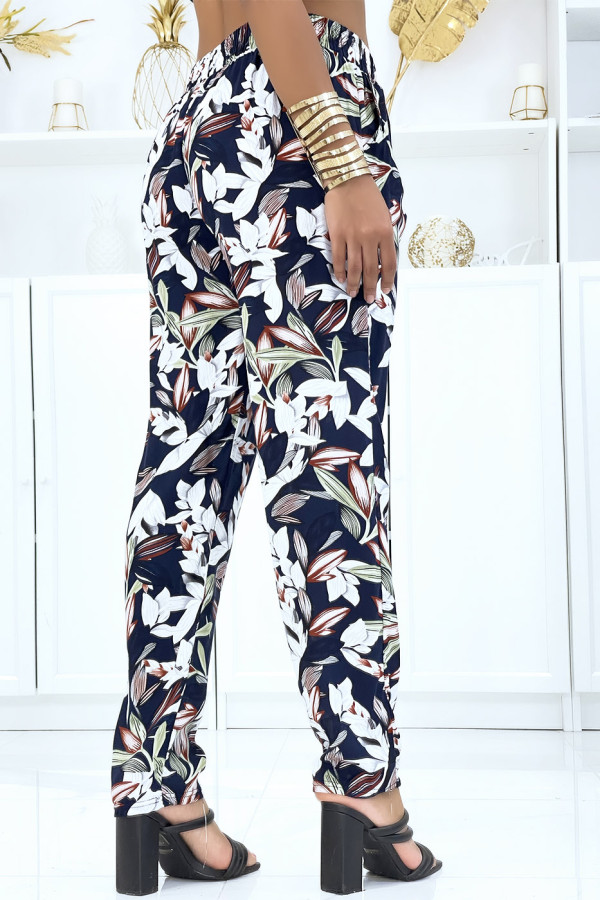 Pantalon marine à feuillage, fluide élastique à la taille - 3