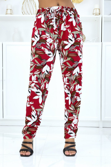 Pantalon rouge à feuillage, fluide élastique à la taille - 1