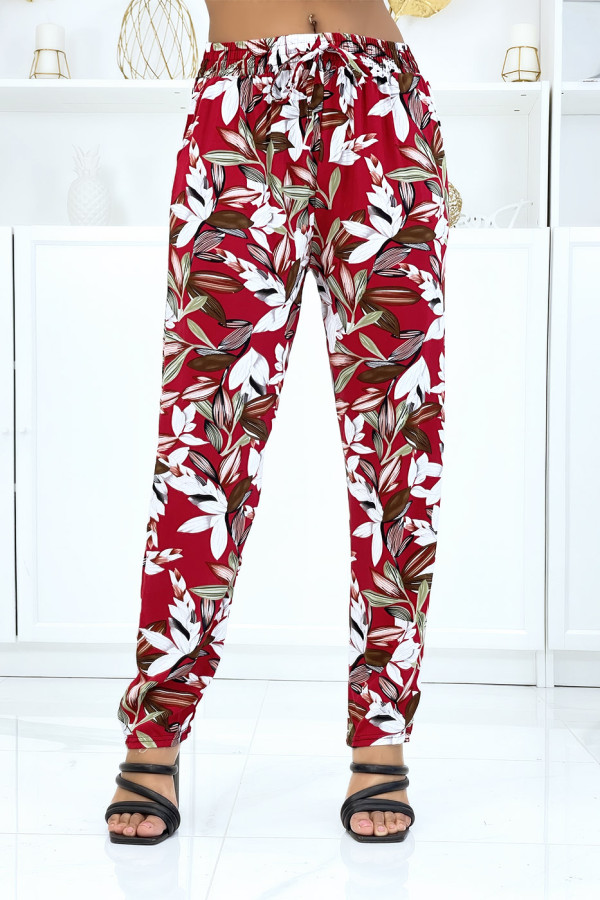 Pantalon rouge à feuillage, fluide élastique à la taille - 1