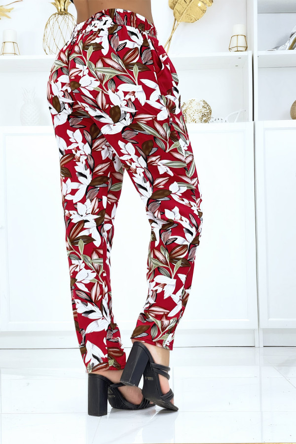 Pantalon rouge à feuillage, fluide élastique à la taille - 3