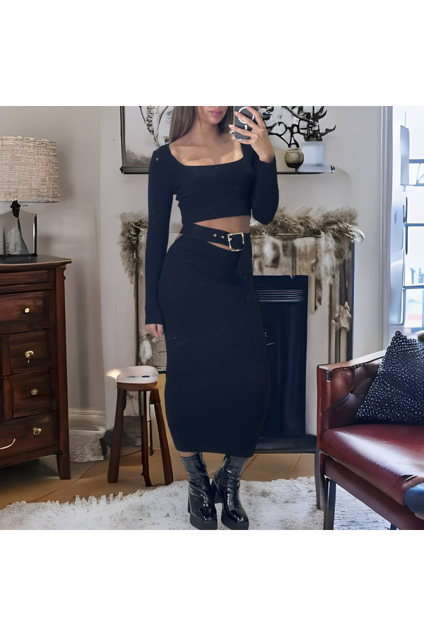 Ensemble haut et jupe noir avec accessoire ceinture intégré  - 2