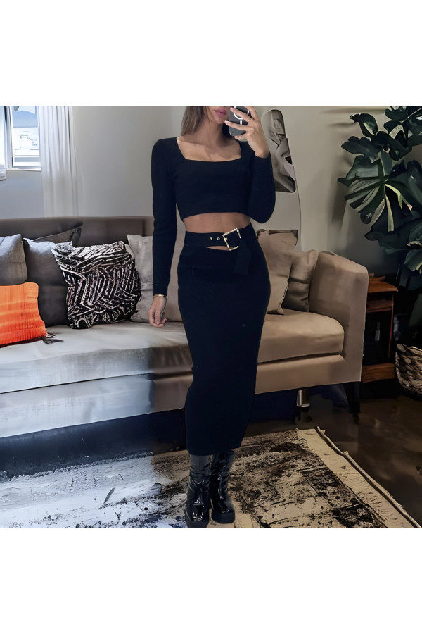 Ensemble haut et jupe noir avec accessoire ceinture intégré  - 3