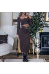 Ensemble haut et jupe marron avec accessoire ceinture intégré - 2