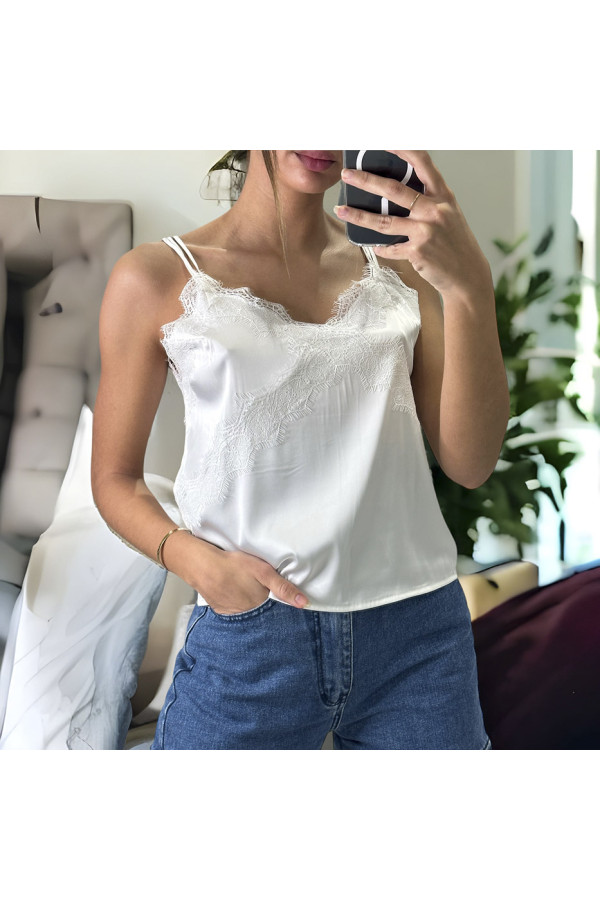 Débardeur blanc satiné avec dentelle - 1