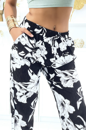 Pantalon marine à fleurs fluide élastique à la taille et aux chevilles  - 1