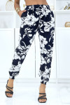 Pantalon marine à fleurs fluide élastique à la taille et aux chevilles  - 3