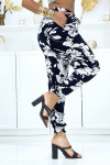 Pantalon marine à fleurs fluide élastique à la taille et aux chevilles  - 4