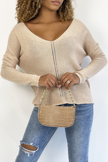 Pull col V rose brillant à détail ligne ajourée - 1