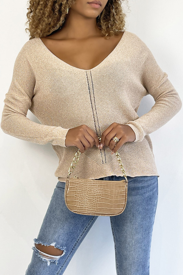 Pull col V rose brillant à détail ligne ajourée - 1