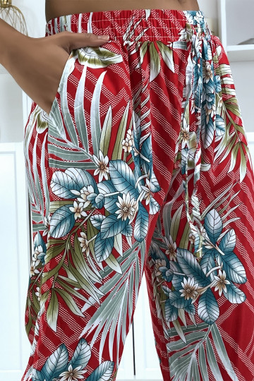 Pantalon fluide rouge à motif floral a-14 - 1