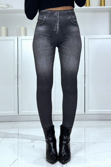 Legging noir taille haute et molletonné motif jean délavé - 1