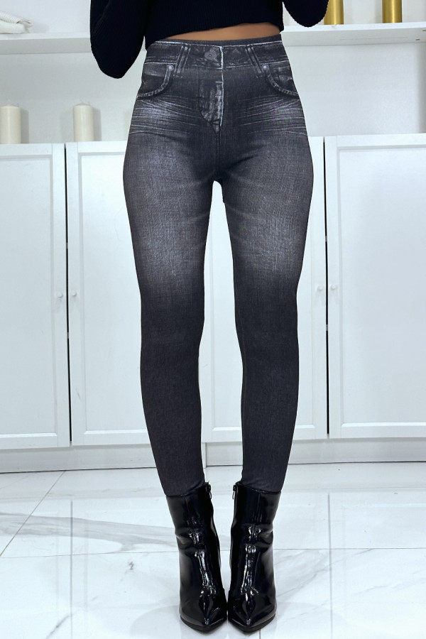 Legging noir taille haute et molletonné motif jean délavé - 3