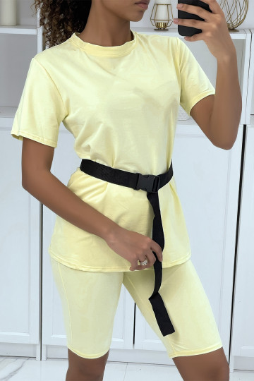 -Ensemble T-shirt et cycliste jaune avec ceinture - 2