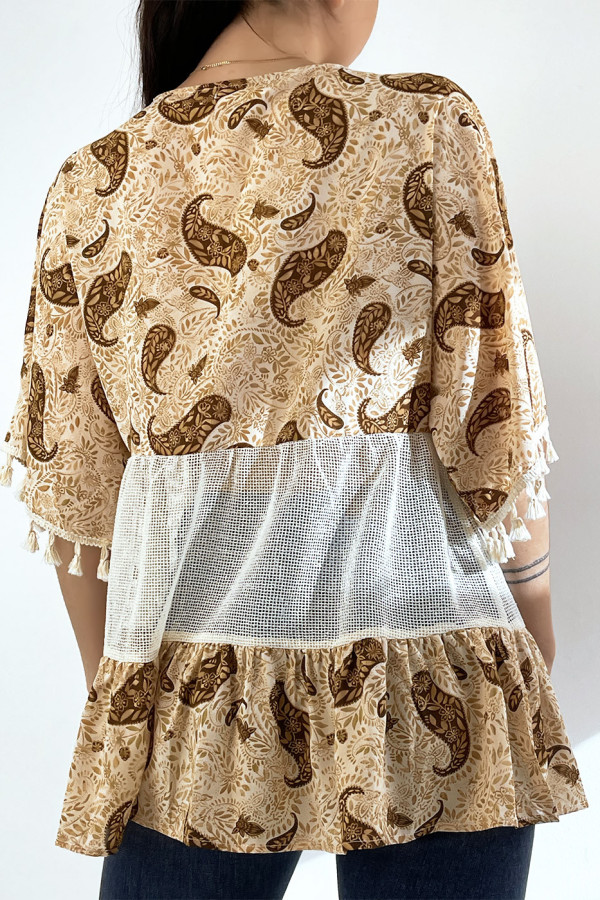 Tunique beige ajourée façon bohème avec pompons et motifs - 5