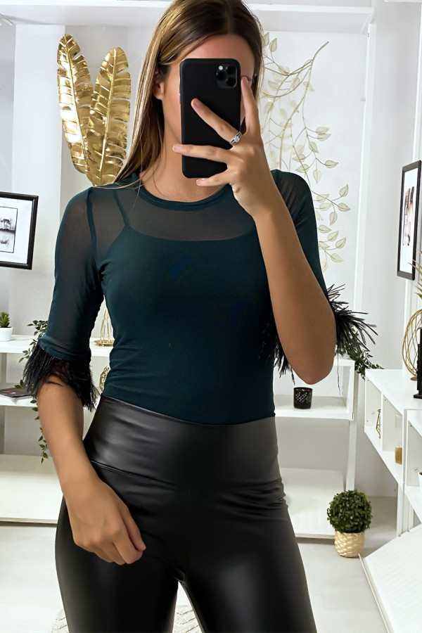 Body en tulle vert avec plumes aux manches - 3
