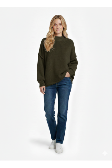 Pull kaki Col Montant en Maille Douce - Taille Unique - 1