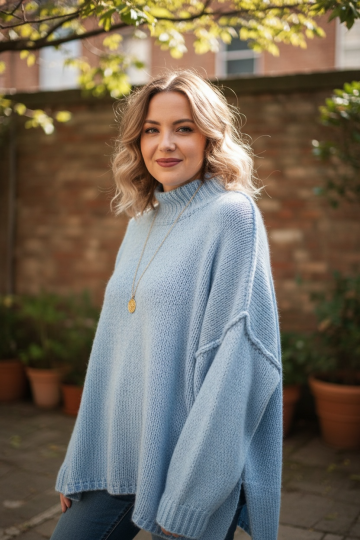 Pull bleu ciel Col Montant en Maille Douce - Taille Unique - 2