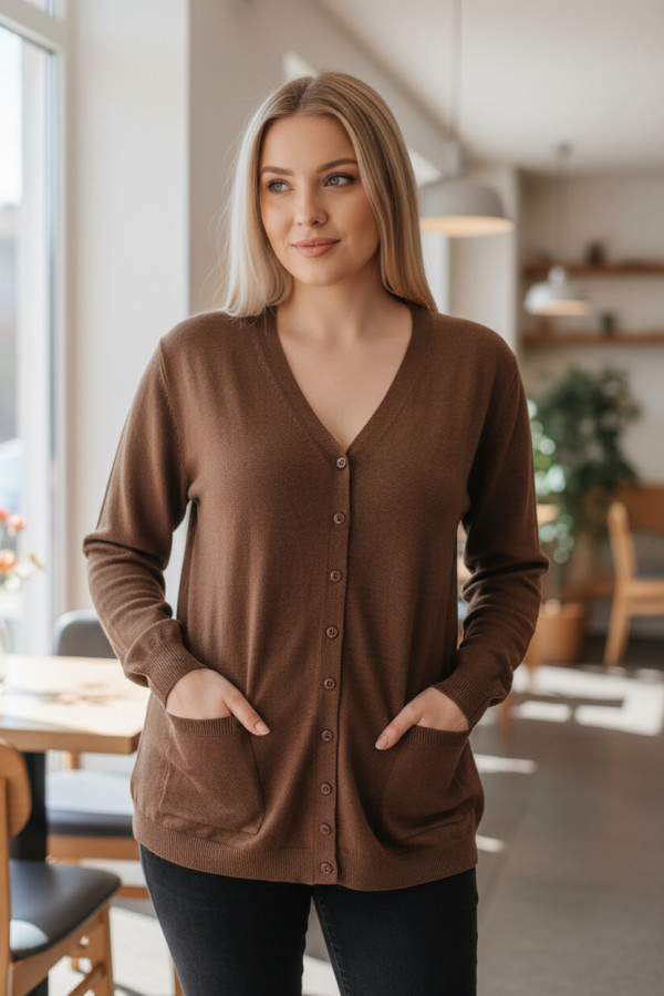 Gilet marron Cardigan Maille Douce - Col V - 1