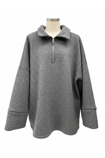 Sweat gris Oversize à Col Zippé – Douceur & Style Italien