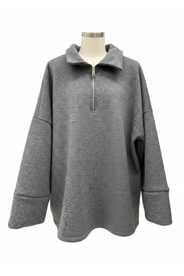 Sweat gris Oversize à Col Zippé – Douceur & Style Italien