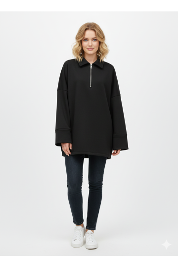 Sweat noir Oversize à Col Zippé – Douceur & Style Italien