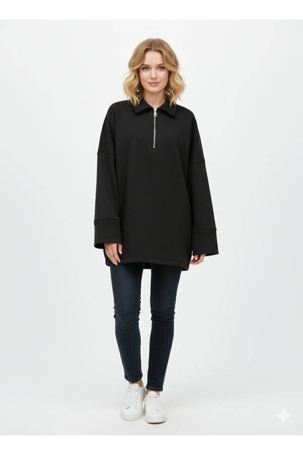 Sweat noir Oversize à Col Zippé – Douceur & Style Italien