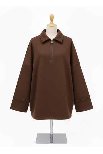 Sweat marron Oversize à Col Zippé – Douceur & Style Italien
