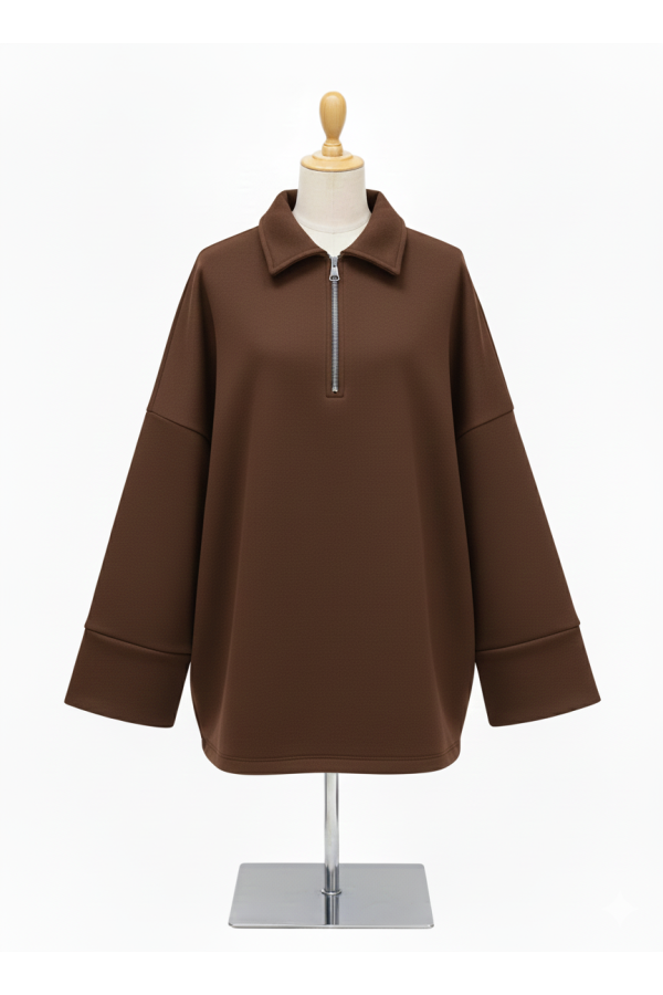 Sweat marron Oversize à Col Zippé – Douceur & Style Italien