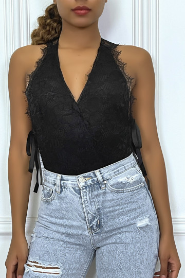 Body cache-coeur noir en dentelle et à rubans - 2